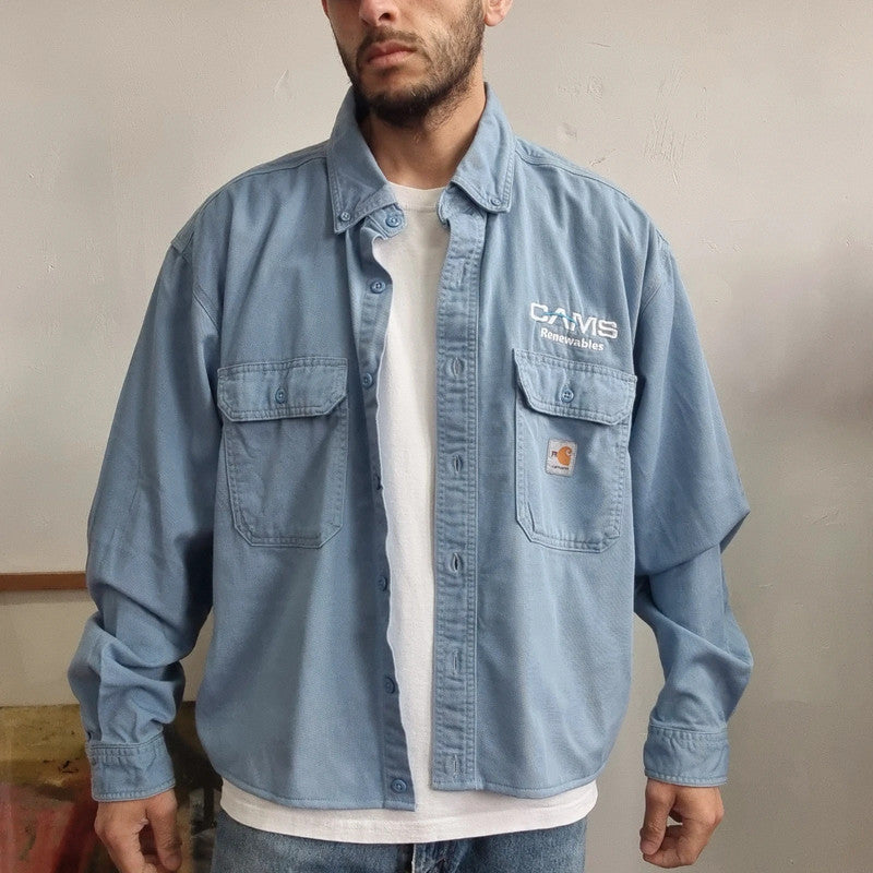Vintage Carhartt Boxy Fit Cropped Shirt Long Sleeve XL plain Blue Button Up Skater Y2K Surf