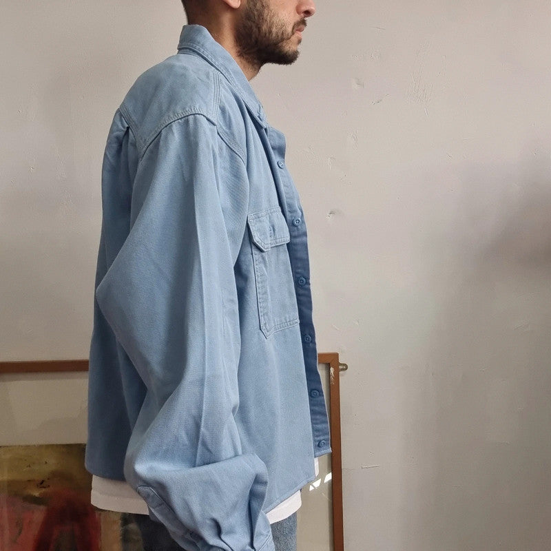 Vintage Carhartt Boxy Fit Cropped Shirt Long Sleeve XL plain Blue Button Up Skater Y2K Surf
