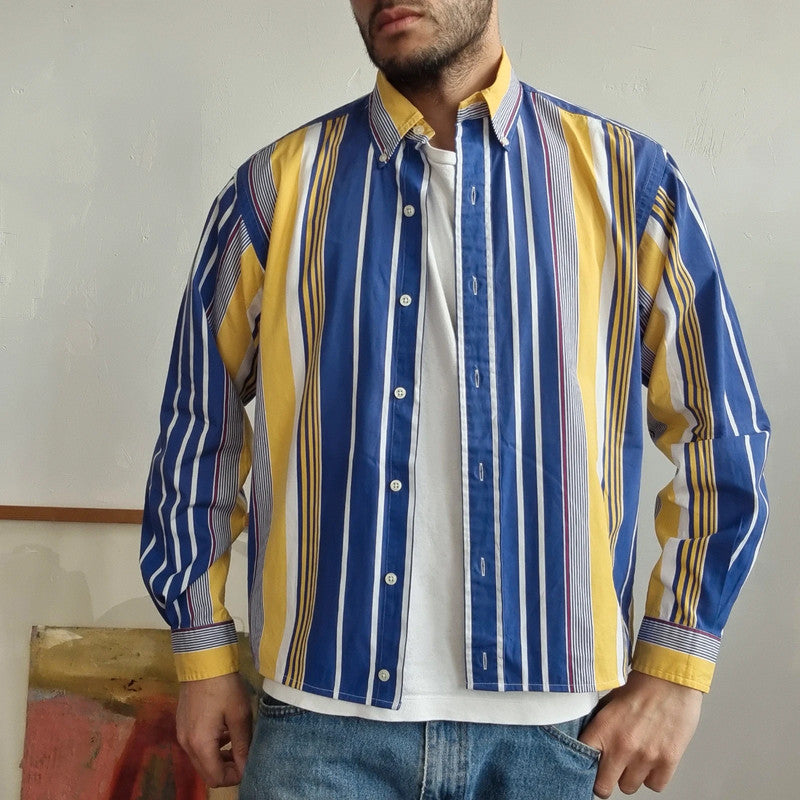 Vintage Ralph Lauren Boxy Fit Cropped Shirt Long Sleeve Small striped Blue Button Up Skater Y2K Surf