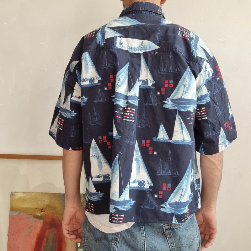 Vintage Boxy Fit Cropped Shirt Short Sleeve Medium print Blue Button Up Skater Surf sailing