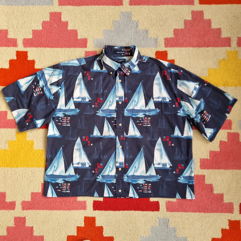 Vintage Boxy Fit Cropped Shirt Short Sleeve Medium print Blue Button Up Skater Surf sailing