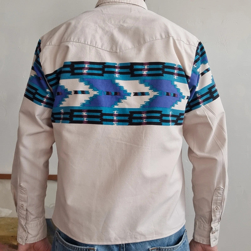 Vintage Aztec western Boxy Fit Cropped Shirt long Sleeve Medium plain Beige Button Up Skater Y2K