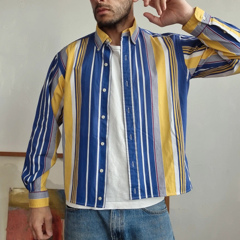 Vintage Ralph Lauren Boxy Fit Cropped Shirt Long Sleeve Small striped Blue Button Up Skater Y2K Surf