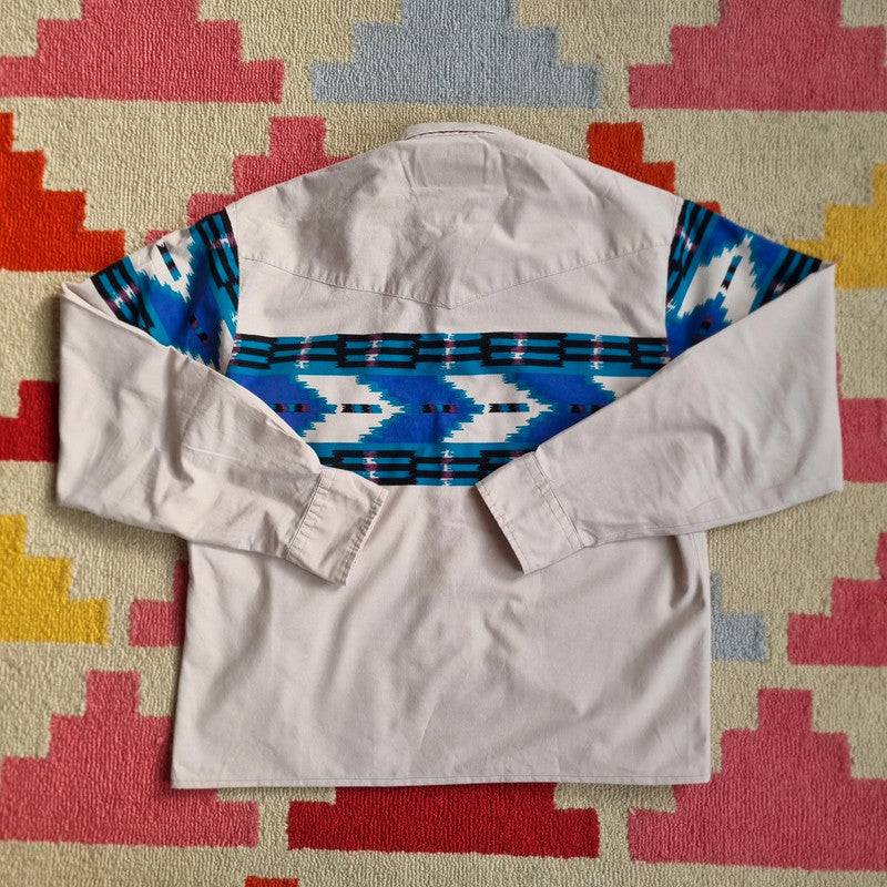 Vintage Aztec western Boxy Fit Cropped Shirt long Sleeve Medium plain Beige Button Up Skater Y2K
