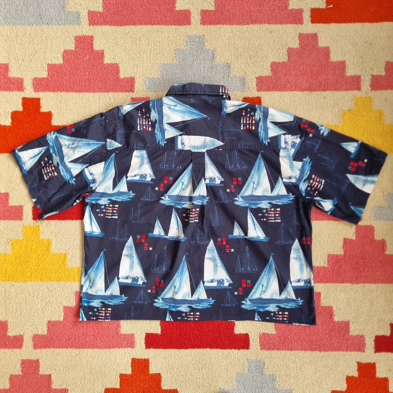 Vintage Boxy Fit Cropped Shirt Short Sleeve Medium print Blue Button Up Skater Surf sailing