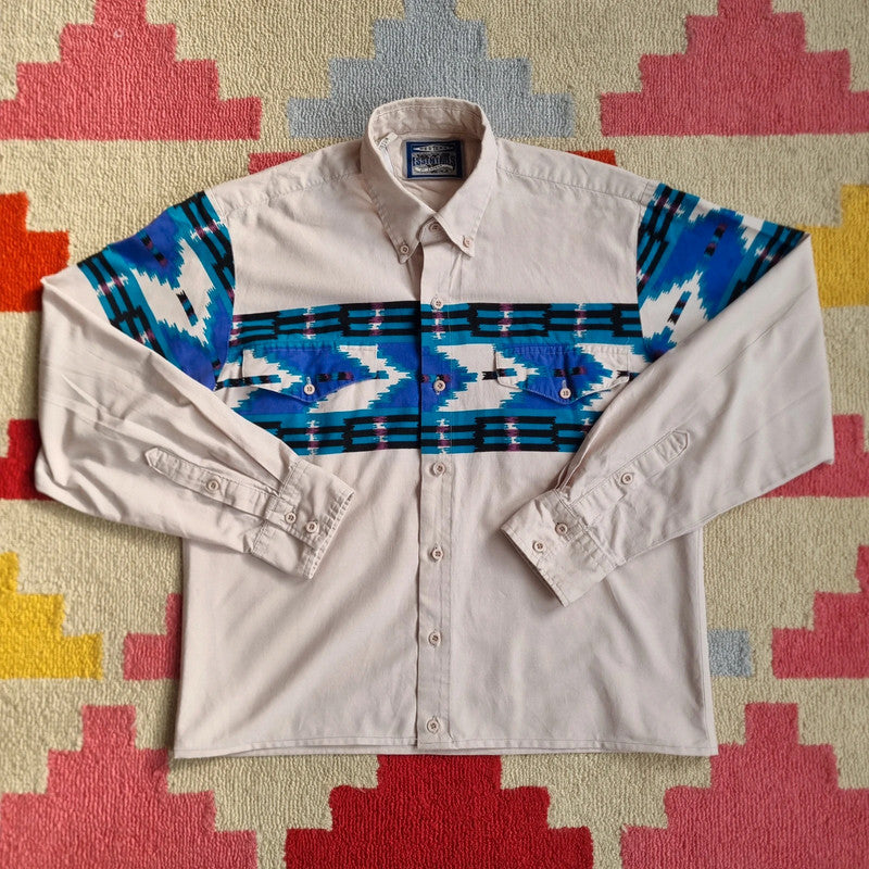 Vintage Aztec western Boxy Fit Cropped Shirt long Sleeve Medium plain Beige Button Up Skater Y2K