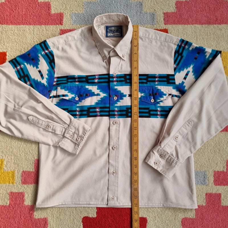 Vintage Aztec western Boxy Fit Cropped Shirt long Sleeve Medium plain Beige Button Up Skater Y2K