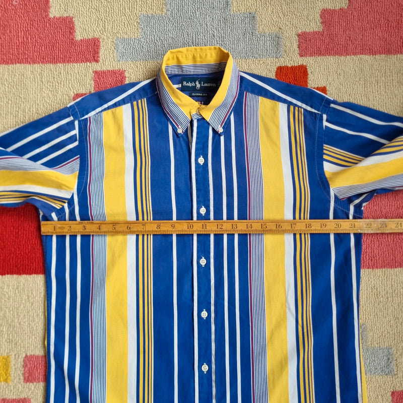 Vintage Ralph Lauren Boxy Fit Cropped Shirt Long Sleeve Small striped Blue Button Up Skater Y2K Surf