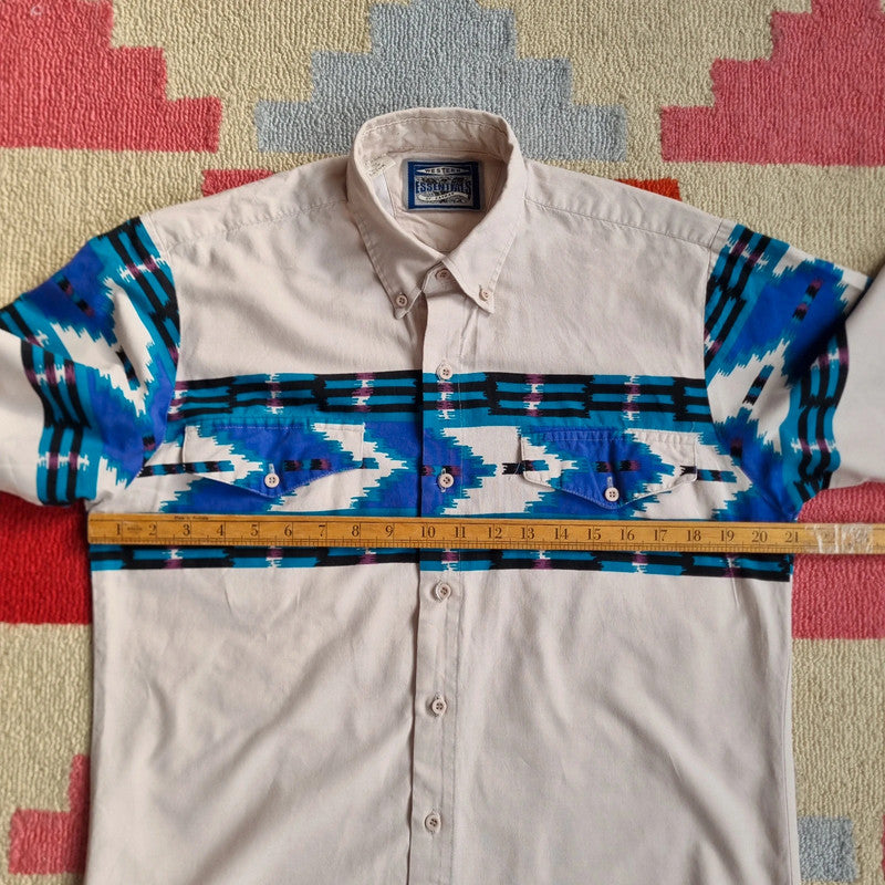 Vintage Aztec western Boxy Fit Cropped Shirt long Sleeve Medium plain Beige Button Up Skater Y2K