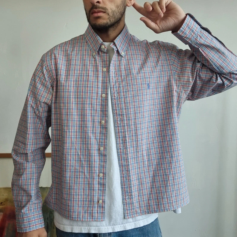 Vintage Ralph Lauren Boxy Fit Cropped Shirt Long Sleeve Medium check multi Button Up Skater Y2K