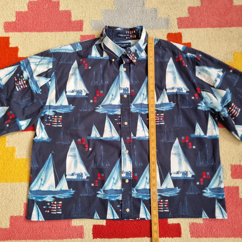 Vintage Boxy Fit Cropped Shirt Short Sleeve Medium print Blue Button Up Skater Surf sailing