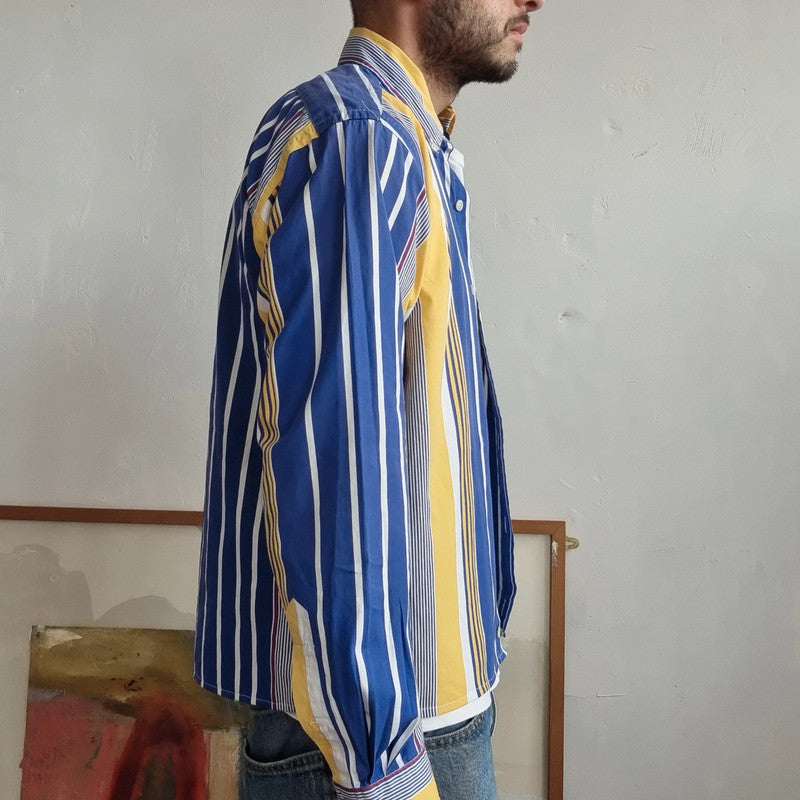 Vintage Ralph Lauren Boxy Fit Cropped Shirt Long Sleeve Small striped Blue Button Up Skater Y2K Surf