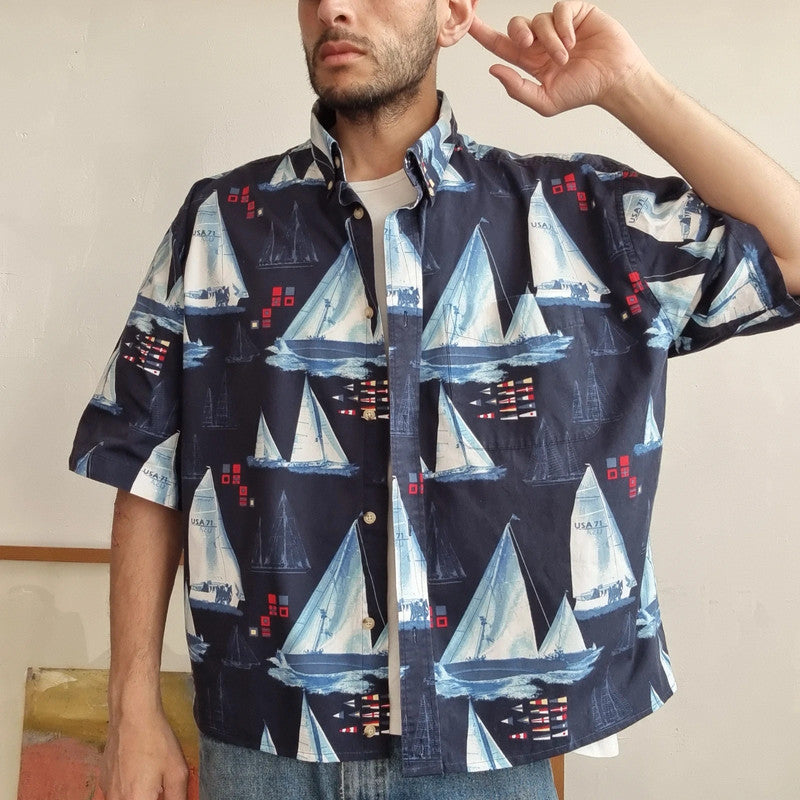 Vintage Boxy Fit Cropped Shirt Short Sleeve Medium print Blue Button Up Skater Surf sailing
