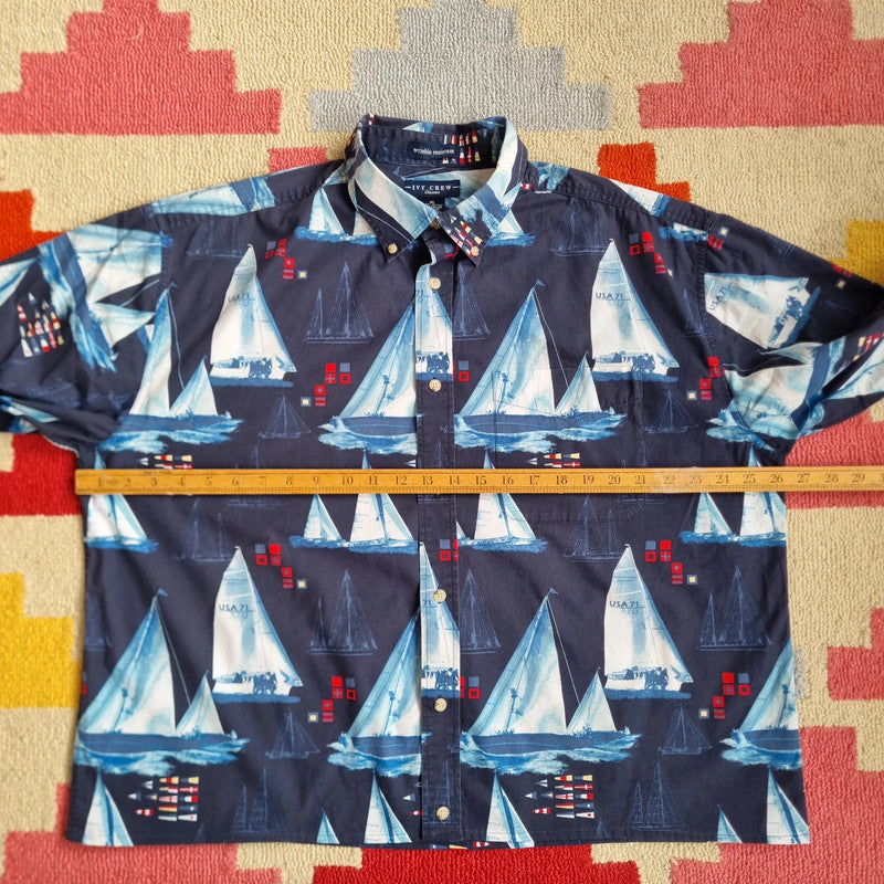 Vintage Boxy Fit Cropped Shirt Short Sleeve Medium print Blue Button Up Skater Surf sailing