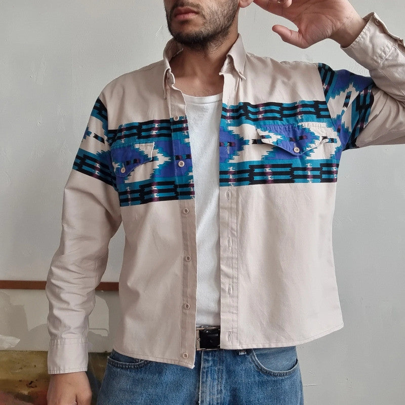 Vintage Aztec western Boxy Fit Cropped Shirt long Sleeve Medium plain Beige Button Up Skater Y2K