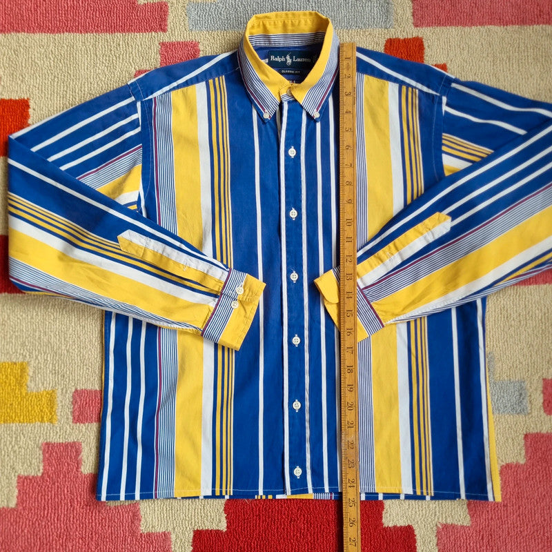 Vintage Ralph Lauren Boxy Fit Cropped Shirt Long Sleeve Small striped Blue Button Up Skater Y2K Surf
