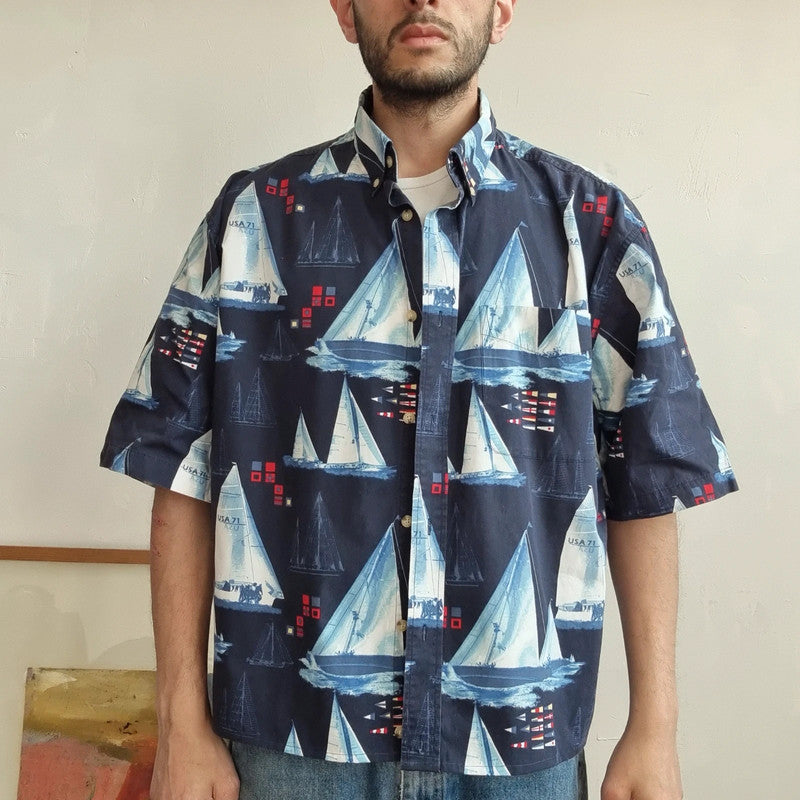 Vintage Boxy Fit Cropped Shirt Short Sleeve Medium print Blue Button Up Skater Surf sailing
