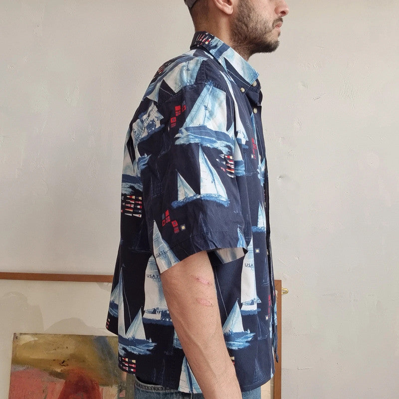 Vintage Boxy Fit Cropped Shirt Short Sleeve Medium print Blue Button Up Skater Surf sailing