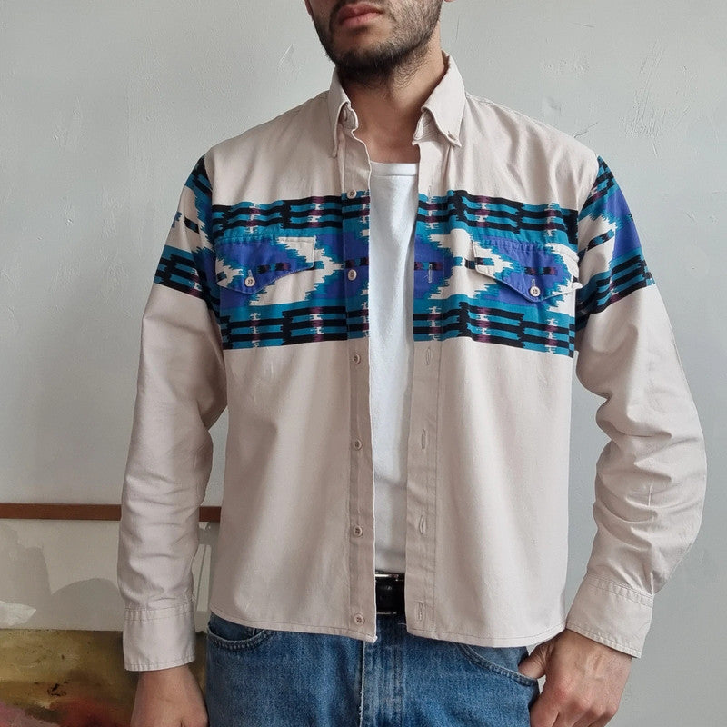 Vintage Aztec western Boxy Fit Cropped Shirt long Sleeve Medium plain Beige Button Up Skater Y2K