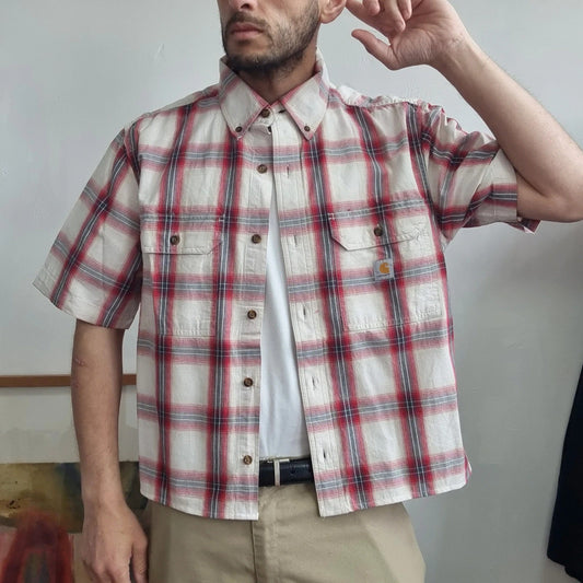 Vintage Carhartt Boxy Fit Cropped Shirt Short Sleeve Medium check red Button Up Skater Y2K Surf