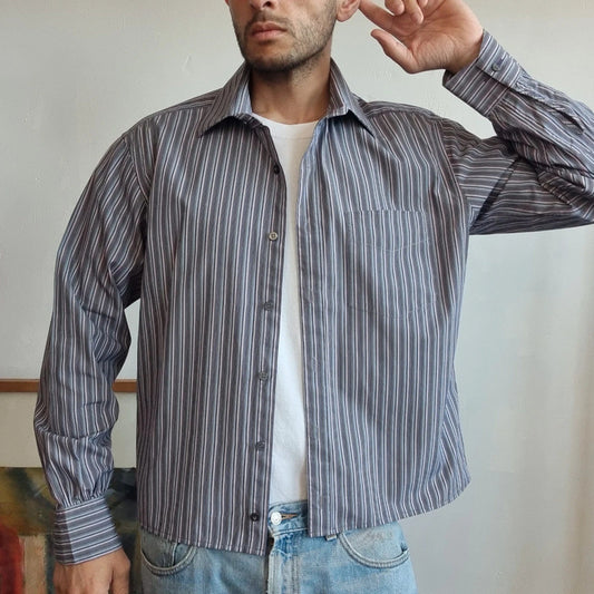 Vintage Paul Smith Boxy Fit Cropped Shirt Long Sleeve Medium striped blue Button Up Skater Y2K