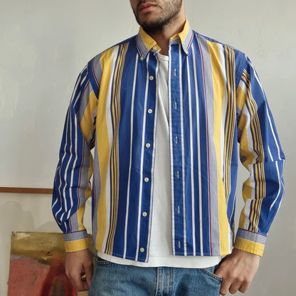 Vintage Ralph Lauren Boxy Fit Cropped Shirt Long Sleeve Small striped Blue Button Up Skater Y2K Surf