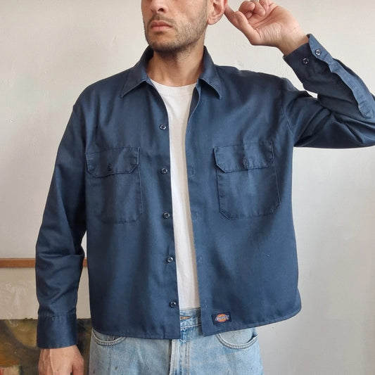 Vintage Dickies Boxy Fit Cropped Shirt Long Sleeve Medium plain navy button Up Skater Y2K Surf