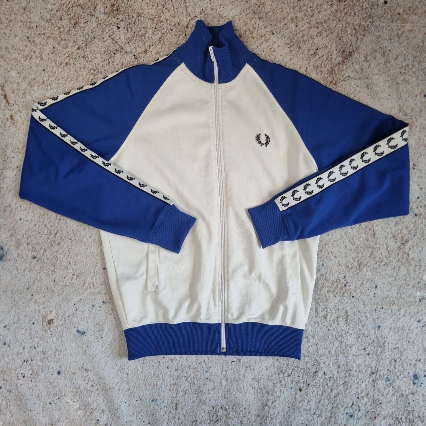 FRED PERRY Track Jacket Full Zip Jumper Sweatshirt Track Top - Size S White Blue