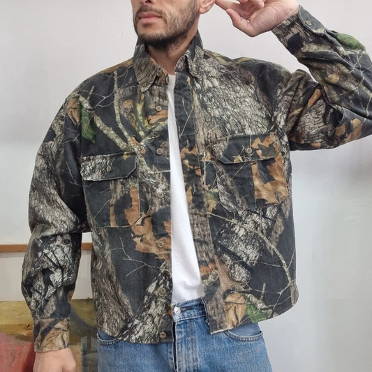 Vintage Realtree Boxy Fit Cropped Shirt Short Sleeve Medium plain brown Button Up Skater Y2K