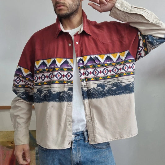 Vintage western Boxy Fit Cropped Shirt long Sleeve L print multi Button Up Y2K