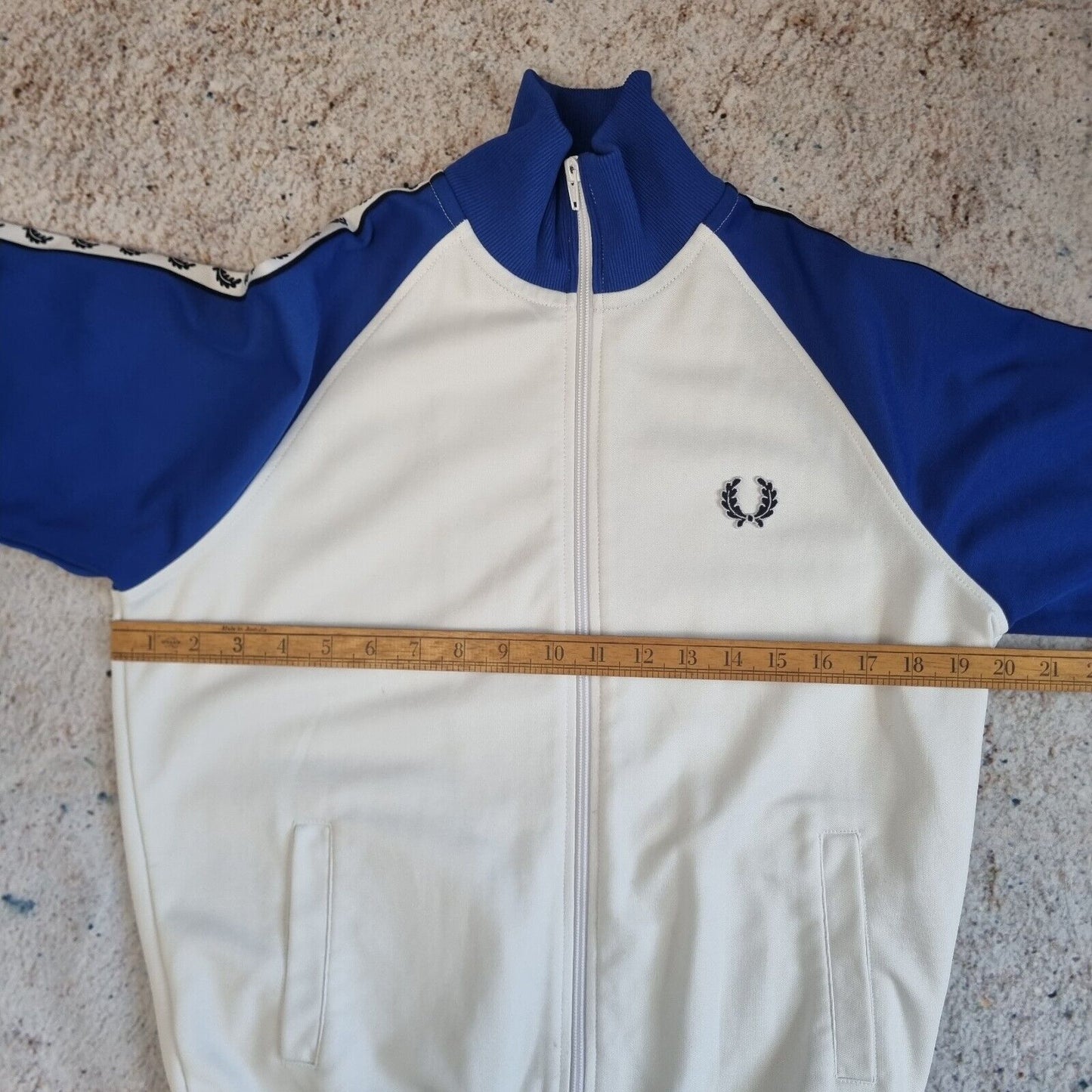 FRED PERRY Track Jacket Full Zip Jumper Sweatshirt Track Top - Size S White Blue