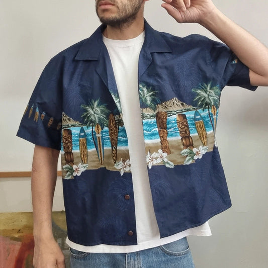 Vintage hawaii Boxy Fit Cropped Shirt Short Sleeve large print blue Button Up Skater Y2K Surf