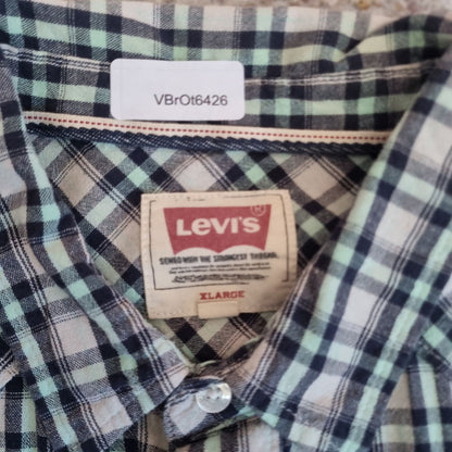 Levis Shirt Western Style Check popper Buttons Short Sleeve - Green - Size XL