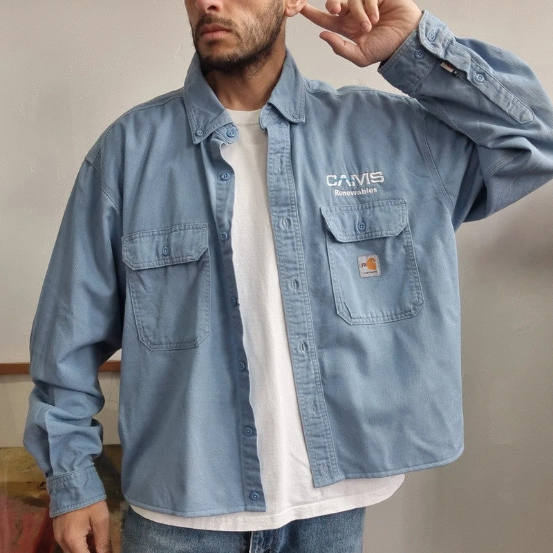 Vintage Carhartt Boxy Fit Cropped Shirt Long Sleeve XL plain Blue Button Up Skater Y2K Surf