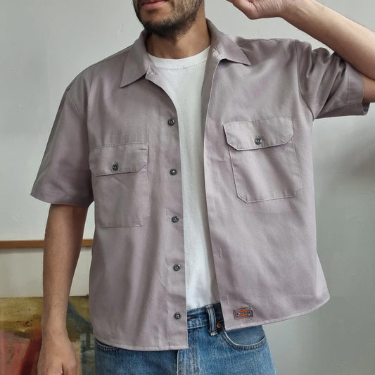 Vintage Dickies Boxy Fit Cropped Shirt Short Sleeve Medium plain Grey Button Up Skater Y2K Surf