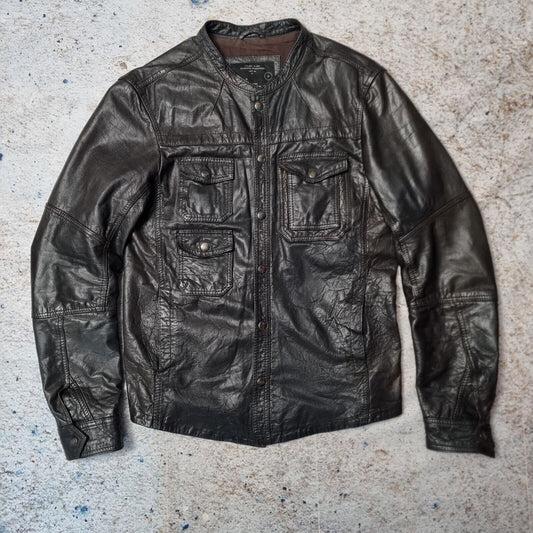 Allsaints Leather Jacket Medoum Men Slim Dark Brown "Densig Shirt" Biker Utility