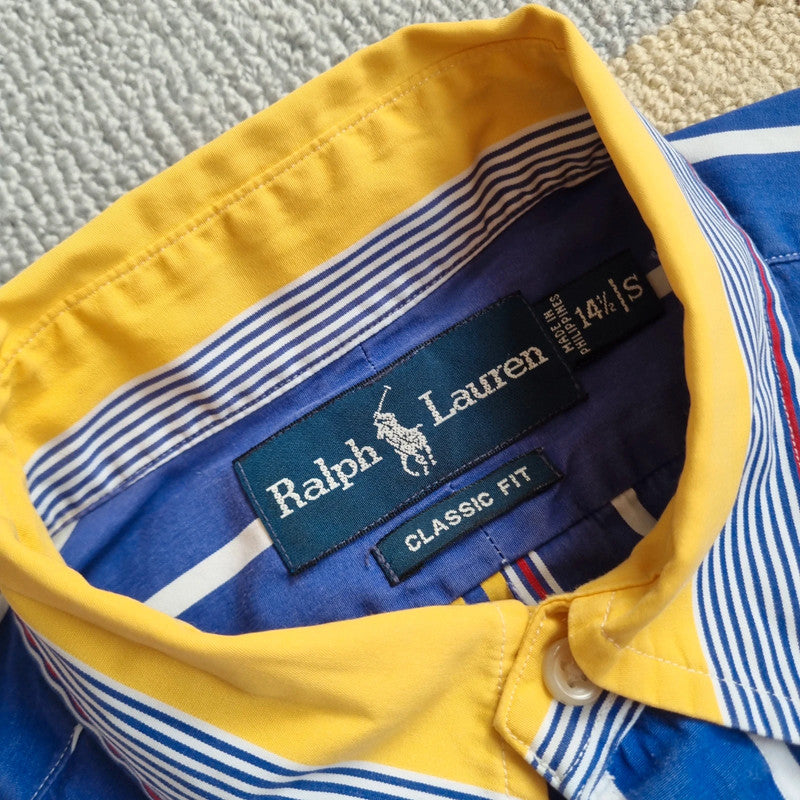 Vintage Ralph Lauren Boxy Fit Cropped Shirt Long Sleeve Small striped Blue Button Up Skater Y2K Surf