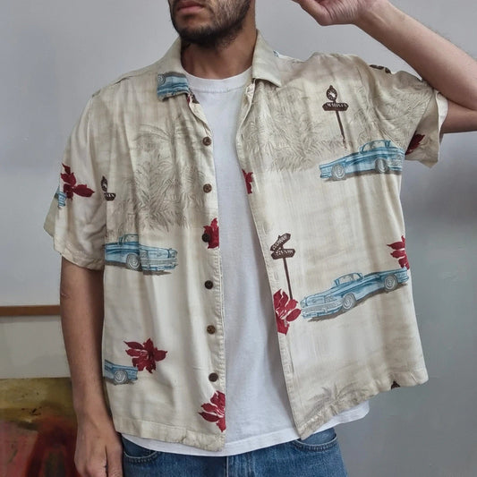 Vintage Hawaii Boxy Fit Cropped Shirt Short Sleeve large print Beige Button Up Skater Y2K Surf