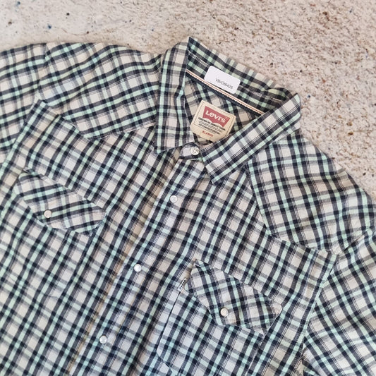 Levis Shirt Western Style Check popper Buttons Short Sleeve - Green - Size XL