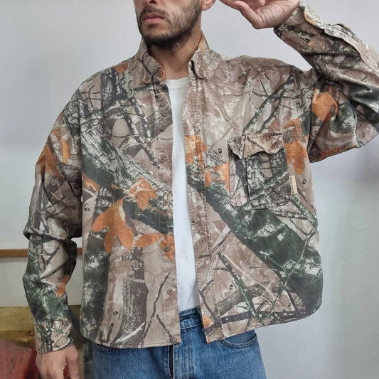 Vintage Realtree Boxy Fit Cropped Shirt Short Sleeve XL print Brown Button Up Skater Y2K