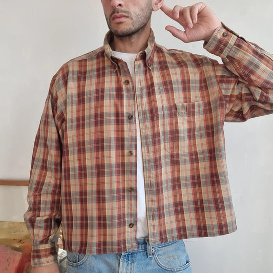 Vintage Woolrich Boxy Fit Cropped Shirt Long Sleeve large check Brown Button Up Skater Y2K Surf