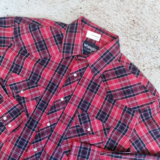 Wrangler Vintage Shirt Check Western Long Sleeve Cowboy - Red - Size XL