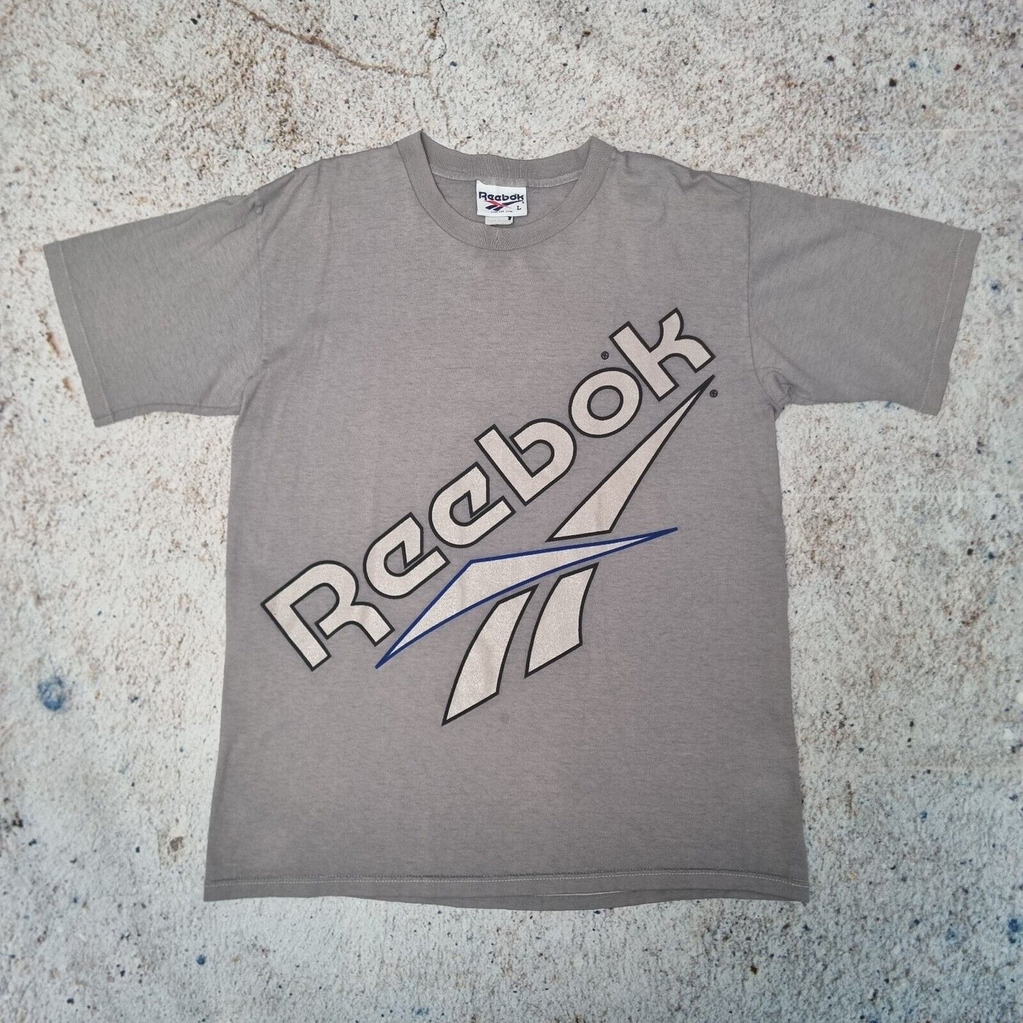 Reebok T-Shirt Mens Vintage Y2K Graphic Spellout Short Sleeve Tee, Grey Large