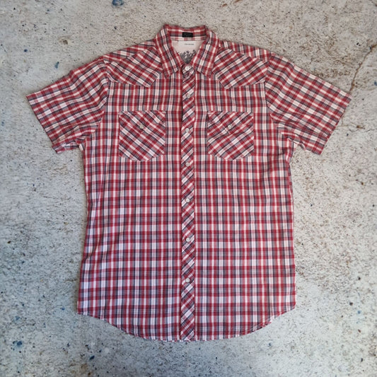 Bulkhead Vintage Shirt Check Western Short Sleeve Cowboy - Red - Size M