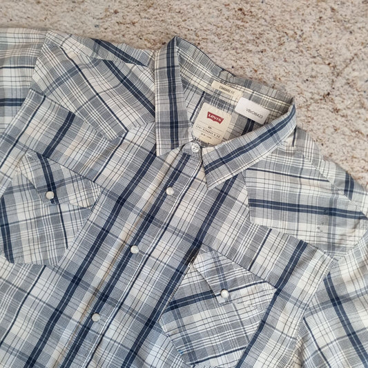 Levis Shirt Western Style Check popper Buttons Short Sleeve - Blue - Size XXL