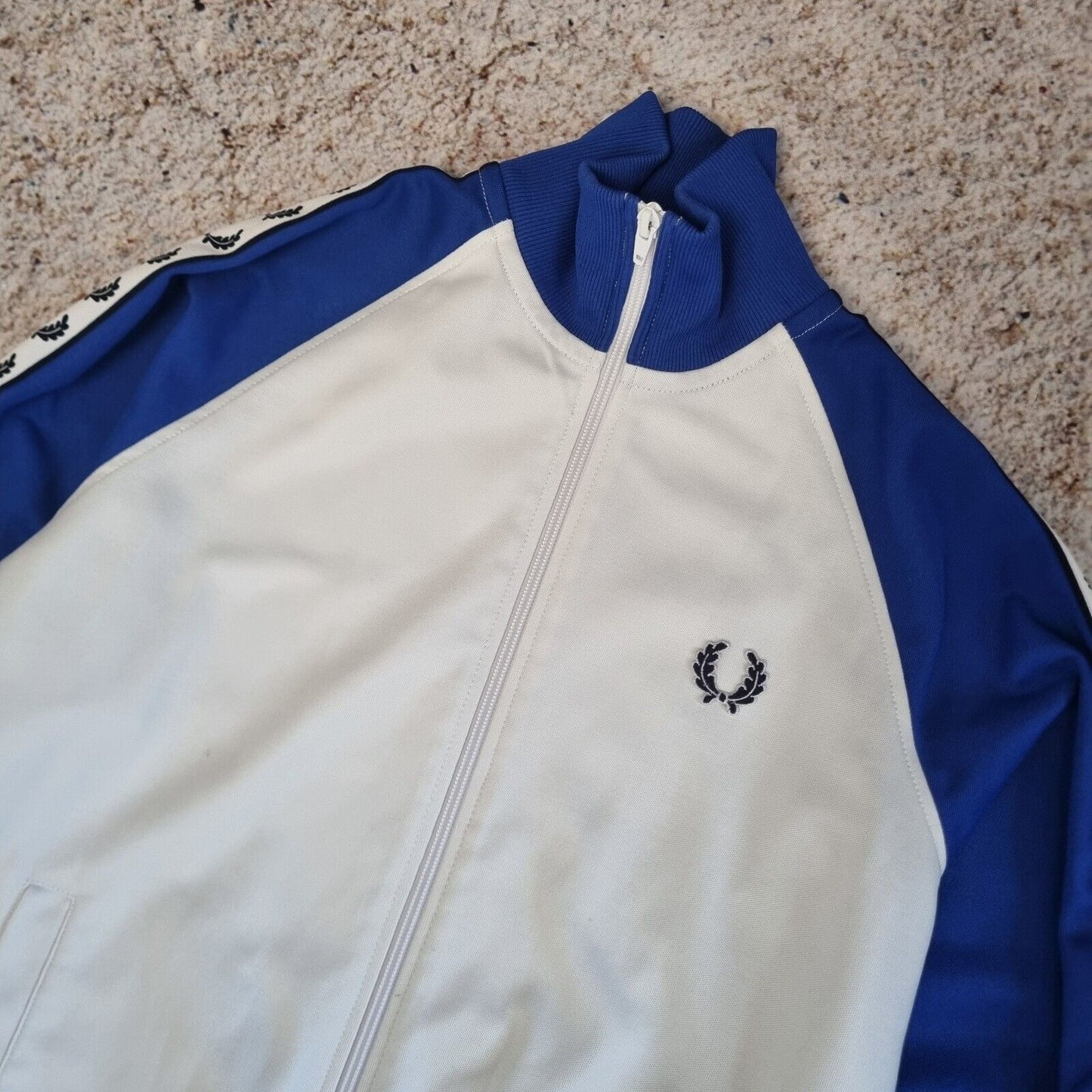 FRED PERRY Track Jacket Full Zip Jumper Sweatshirt Track Top - Size S White Blue