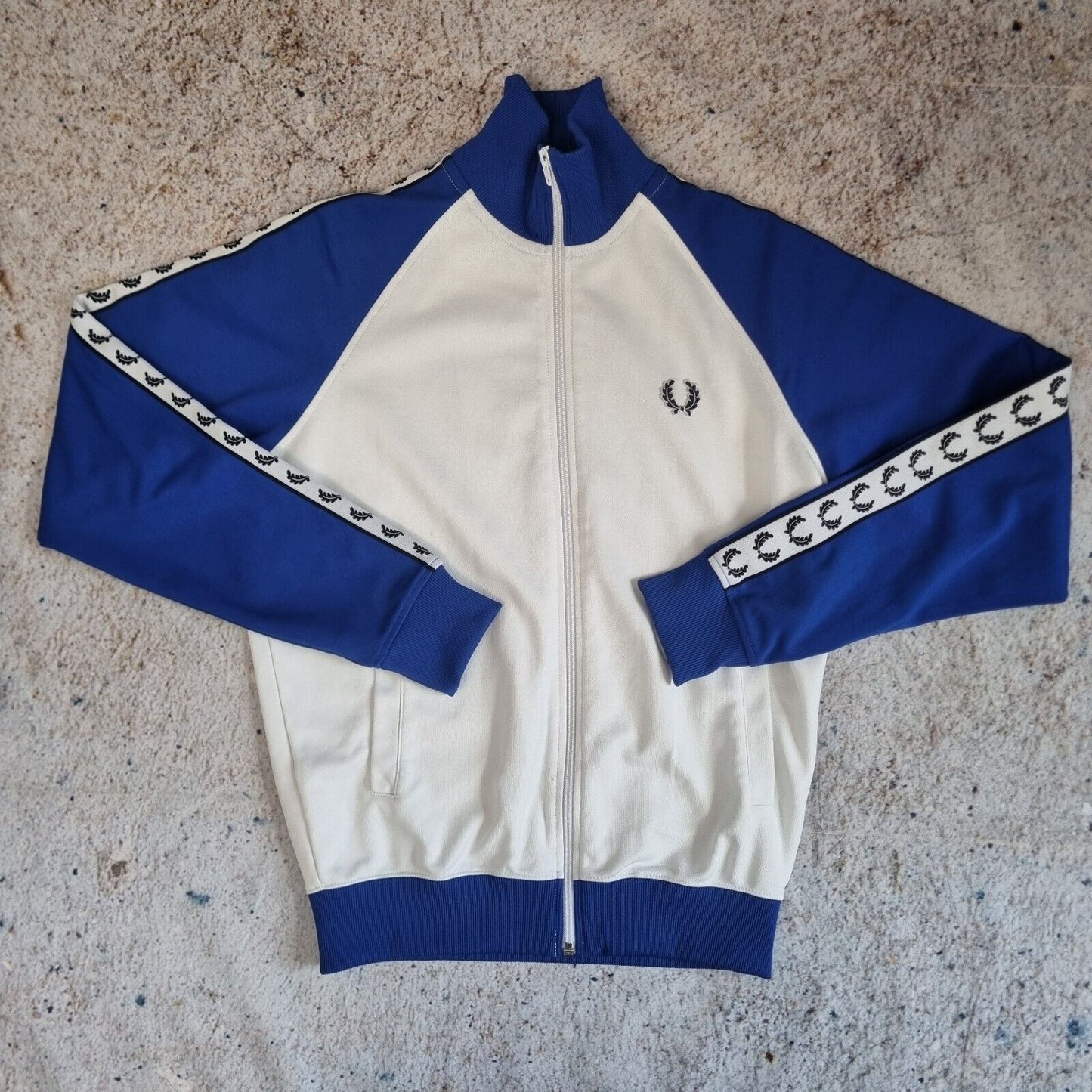 FRED PERRY Track Jacket Full Zip Jumper Sweatshirt Track Top - Size S White Blue