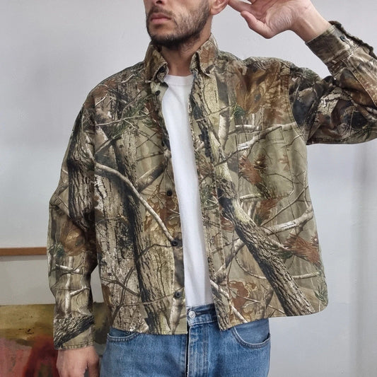 Vintage Realtree Boxy Fit Cropped Shirt Long Sleeve large Brown Button Up Skater Y2K