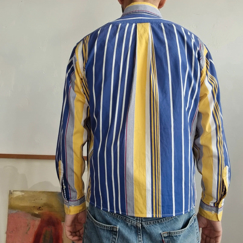 Vintage Ralph Lauren Boxy Fit Cropped Shirt Long Sleeve Small striped Blue Button Up Skater Y2K Surf