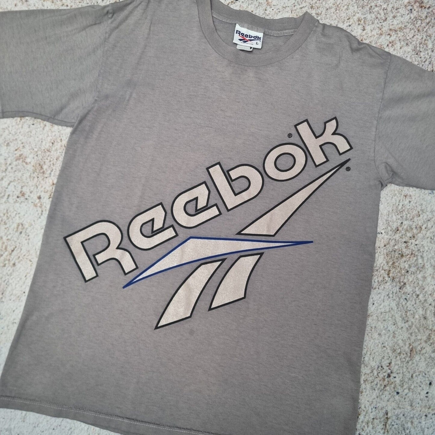 Reebok T-Shirt Mens Vintage Y2K Graphic Spellout Short Sleeve Tee, Grey Large